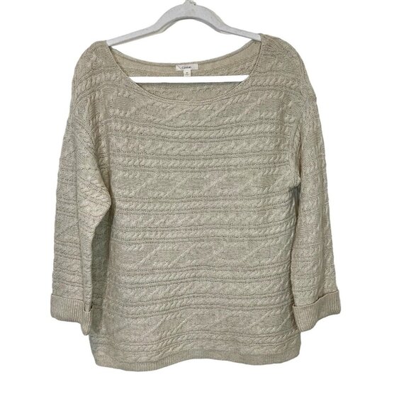 Caslon Sweater M Wool Blend Cable Open Knit Beige Boat Neck Pullover Size Medium - Picture 1 of 10
